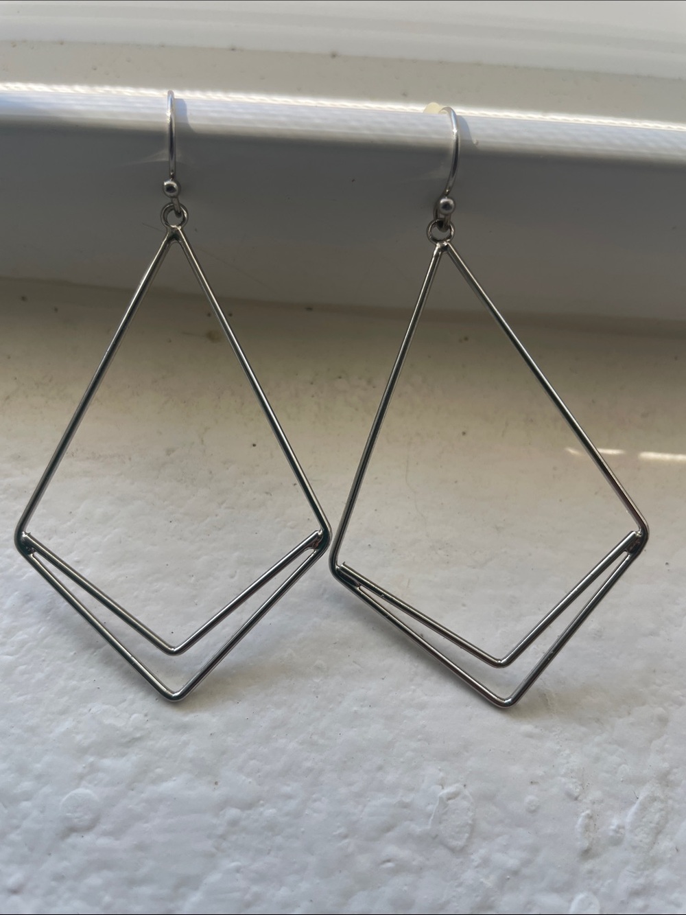 Silver Geometric Double-Diamond Drop Earrings